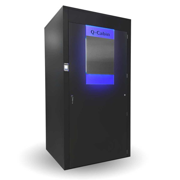 The Q-Cabin is a high-performance UHF RFID system for industrial use. Dark colour and blue shiny display.