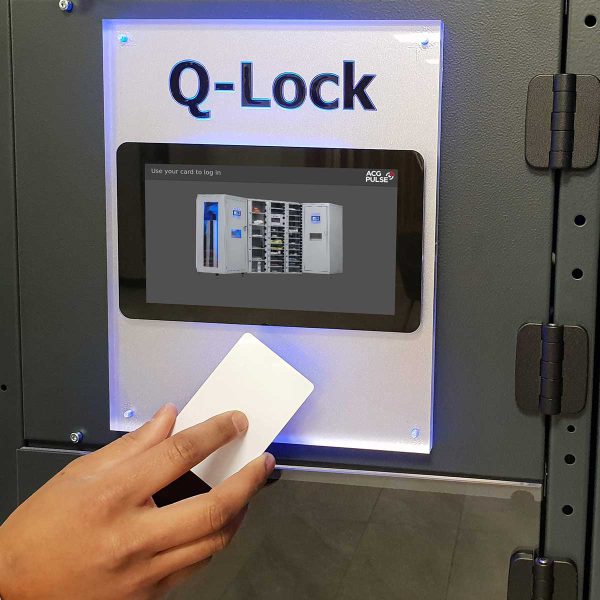 Q-Lock display showing user logging in with their authorized ID. Q-Lock is a dark-grey smart vending machine.