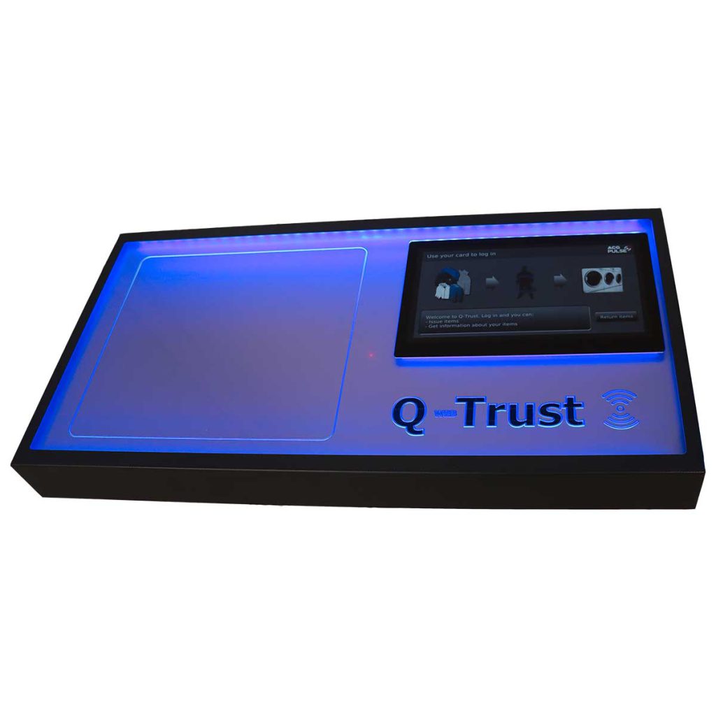 A blue lit Q-Trust self-service system for RFID marked items