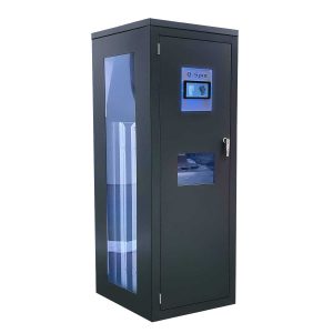 Smart dispensing machine with blue display and blue lights. Used for dipensing of gloves and other small items.