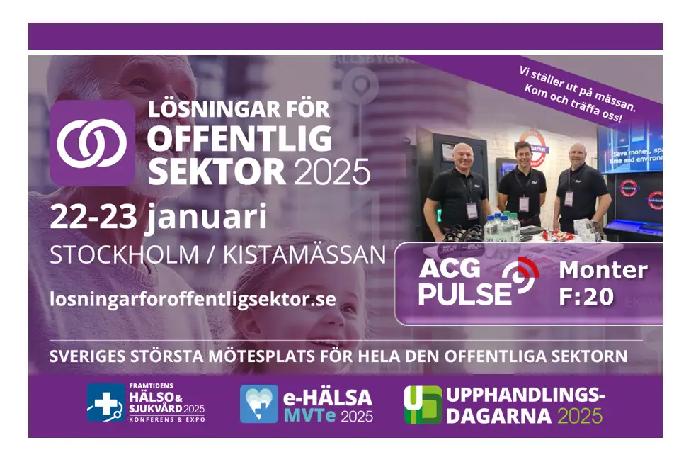 Ett lila färgat nyhetsinlägg att ACG Pulse ställer ut på mässan Lösningar för offentlig sektor 2025 i Kista. Bild på tre glada säljare. Under dessa två inspirerande dagar presenterar ACG Pulse senaste digitaliserade lösningar för säker och effektiv hantering av arbetskläder och personlig skyddsutrustning (PPE).